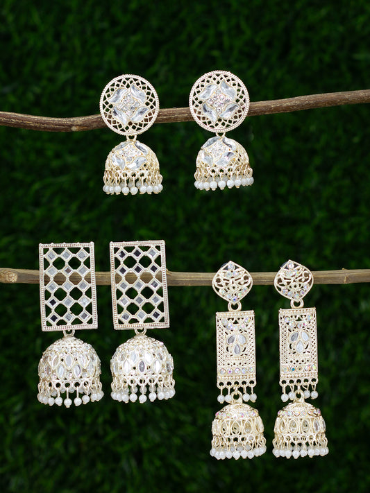 Pack of 3 Gold Plated Artificial Beads & Mirror Studded Jhumka Earrings