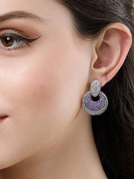 Rhodium Plated Purple American Diamond Drop Earrings