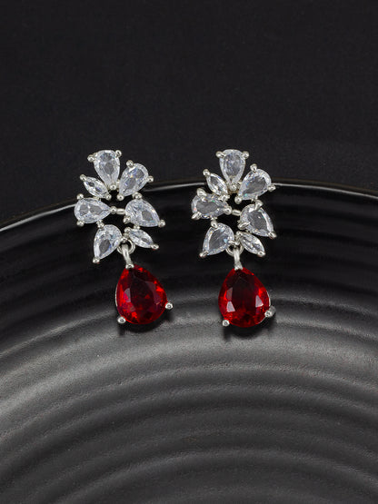 Rhodium Plated Red American Diamond Drop Earrings