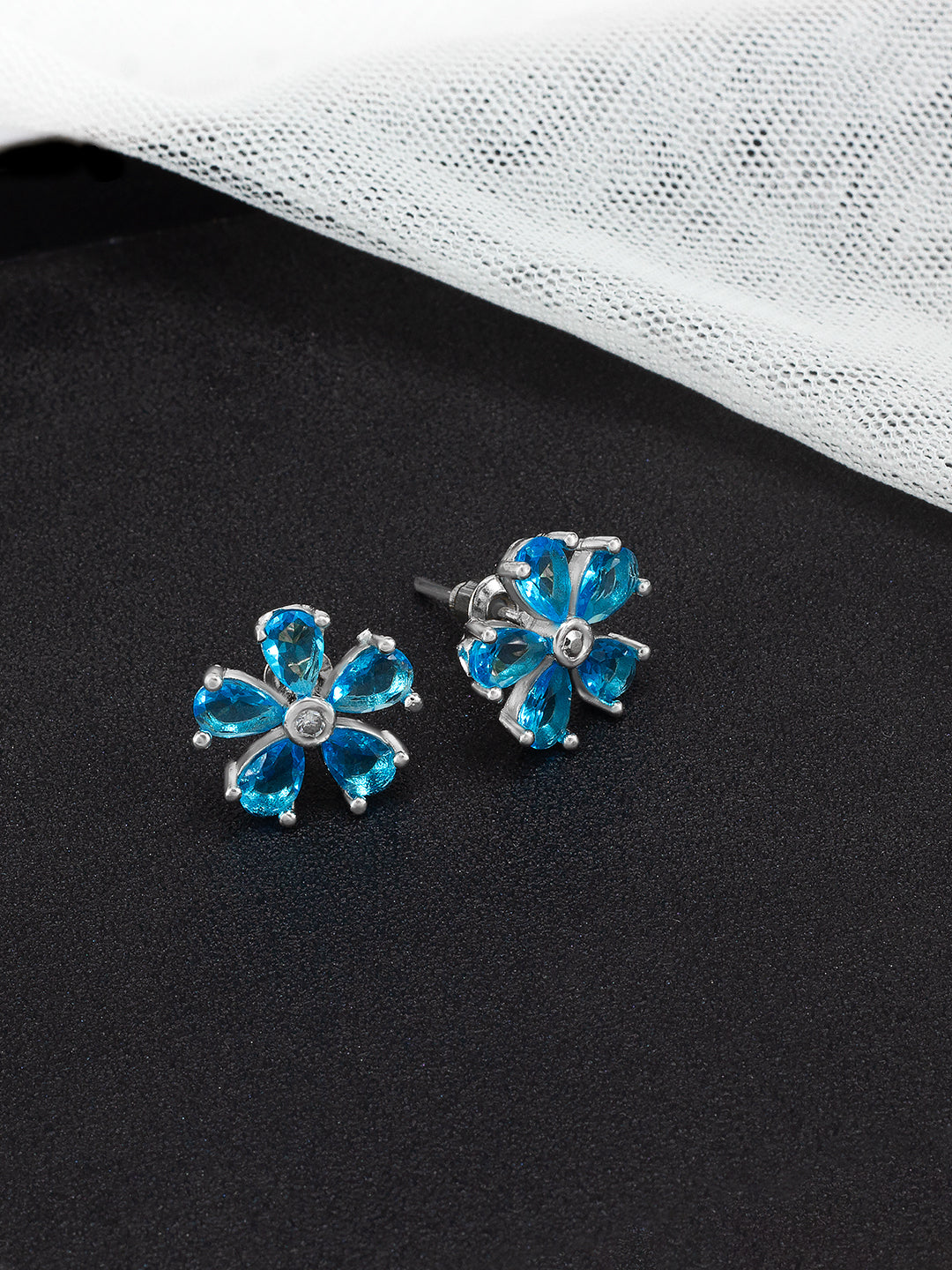 Rhodium Plated Aqua Blue Floral American Diamond Stud Earrings