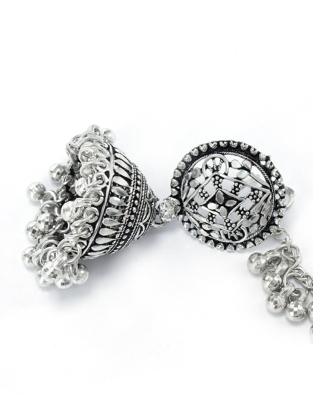 Silver-Plated Dome Shaped Jhumkas With Hair Chain