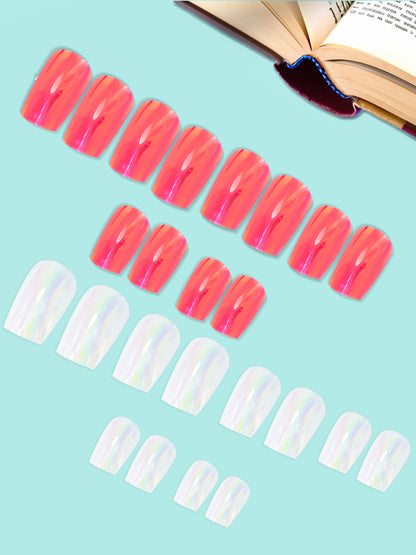 Set of 24 Coral and White Metallic Duochrome stick on nails