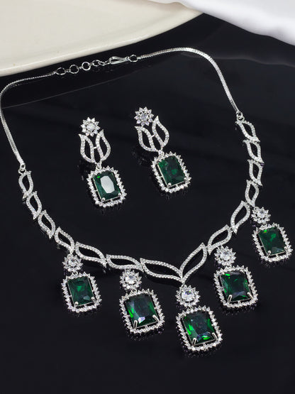 Rhodium Plated Green American Diamond Semi-Bridal Jewellery Set