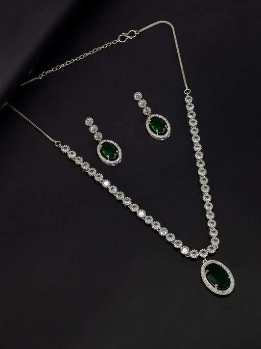 Rhodium Plated Green AD Trendy Necklace & Earrings Set