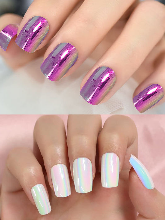 Set of 24 Purple and White Metallic Duochrome stick on nails