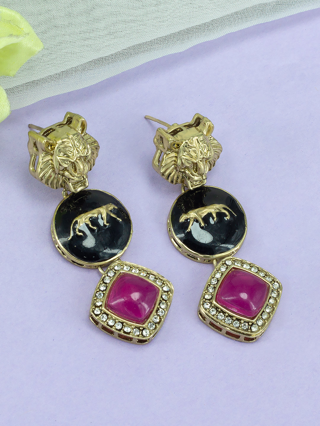 Gold Plated Pink Stone Studded Lion Shaped Drop Earrings