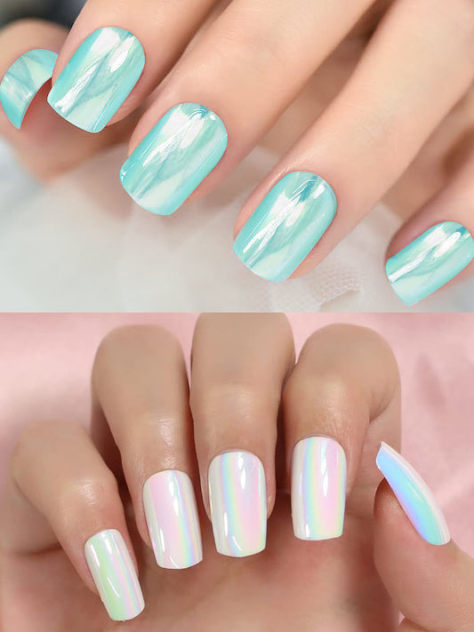 Set of 24 Sea Green and White Metallic Duochrome stick on nails