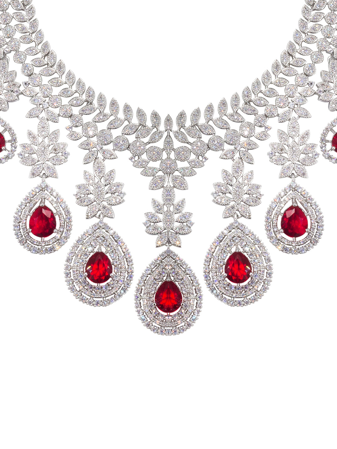 Rhodium Plated Red American Diamond Teardrop Jewellery Set