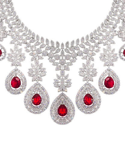 Rhodium Plated Red American Diamond Teardrop Jewellery Set