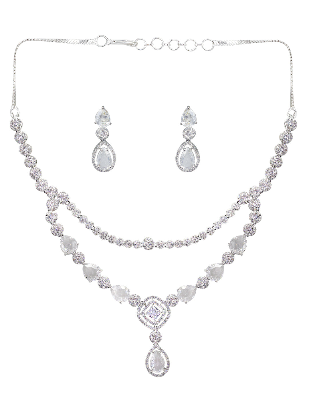 Rhodium Plated Double Layered & Teardrop AD Jewellery Set