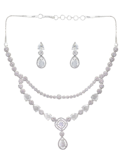 Rhodium Plated Double Layered & Teardrop AD Jewellery Set