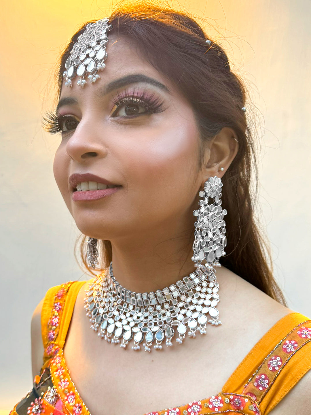 Silver-Plated Mirror-Studded & Pearls Beaded Jewellery Set With Maangtika