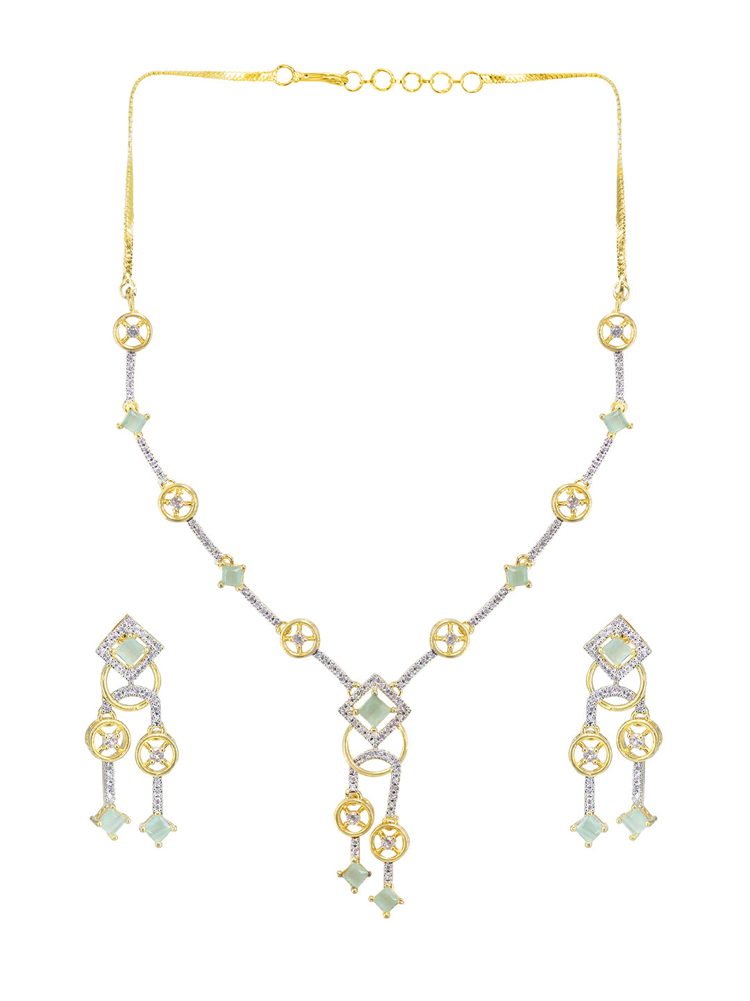 Gold Plated Lariat Mint Green American Diamond Jewellery Set