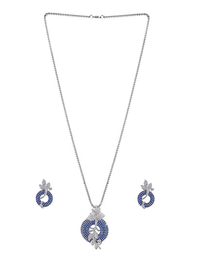 Rhodium Plated Blue American Diamond Studded Pendent & Earrings Set