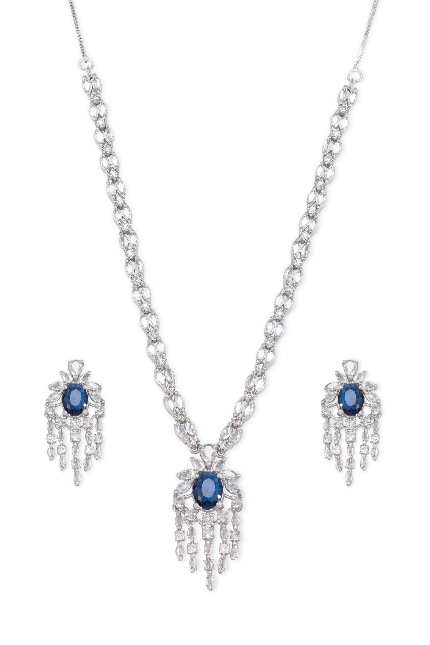 Rhodium Plated Blue American Dimaond Studded Jewellery Set