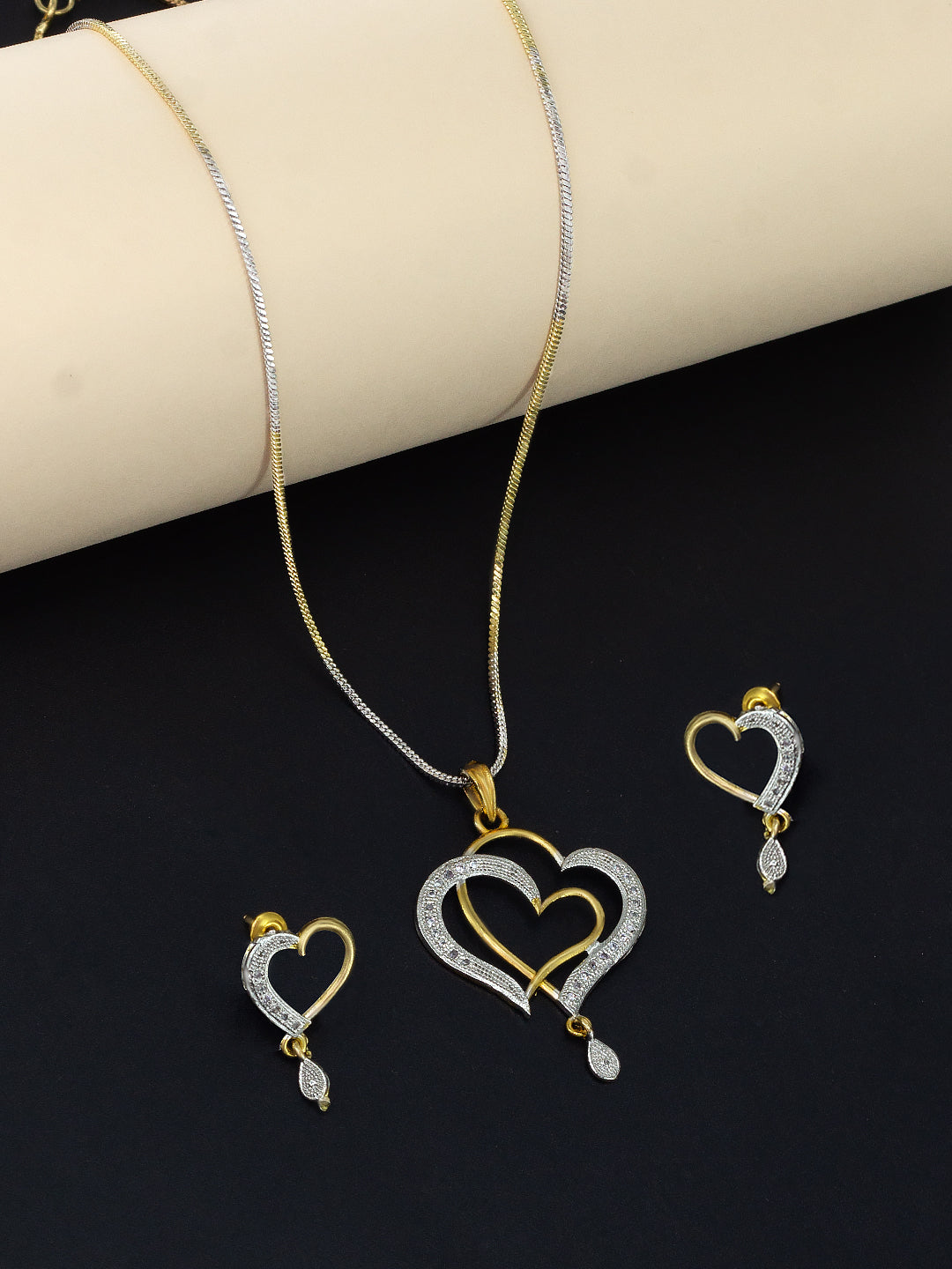 Gold Plated Heart American Diamond Trendy Pendant Set