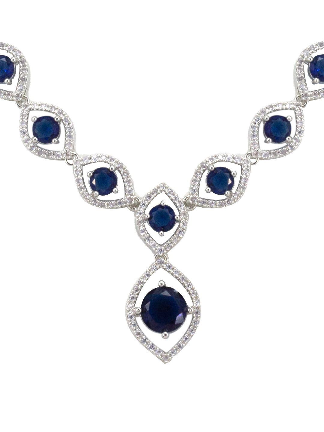 Rhodium-Plated Blue American Diamond Studded Long Necklace & Earrings Set