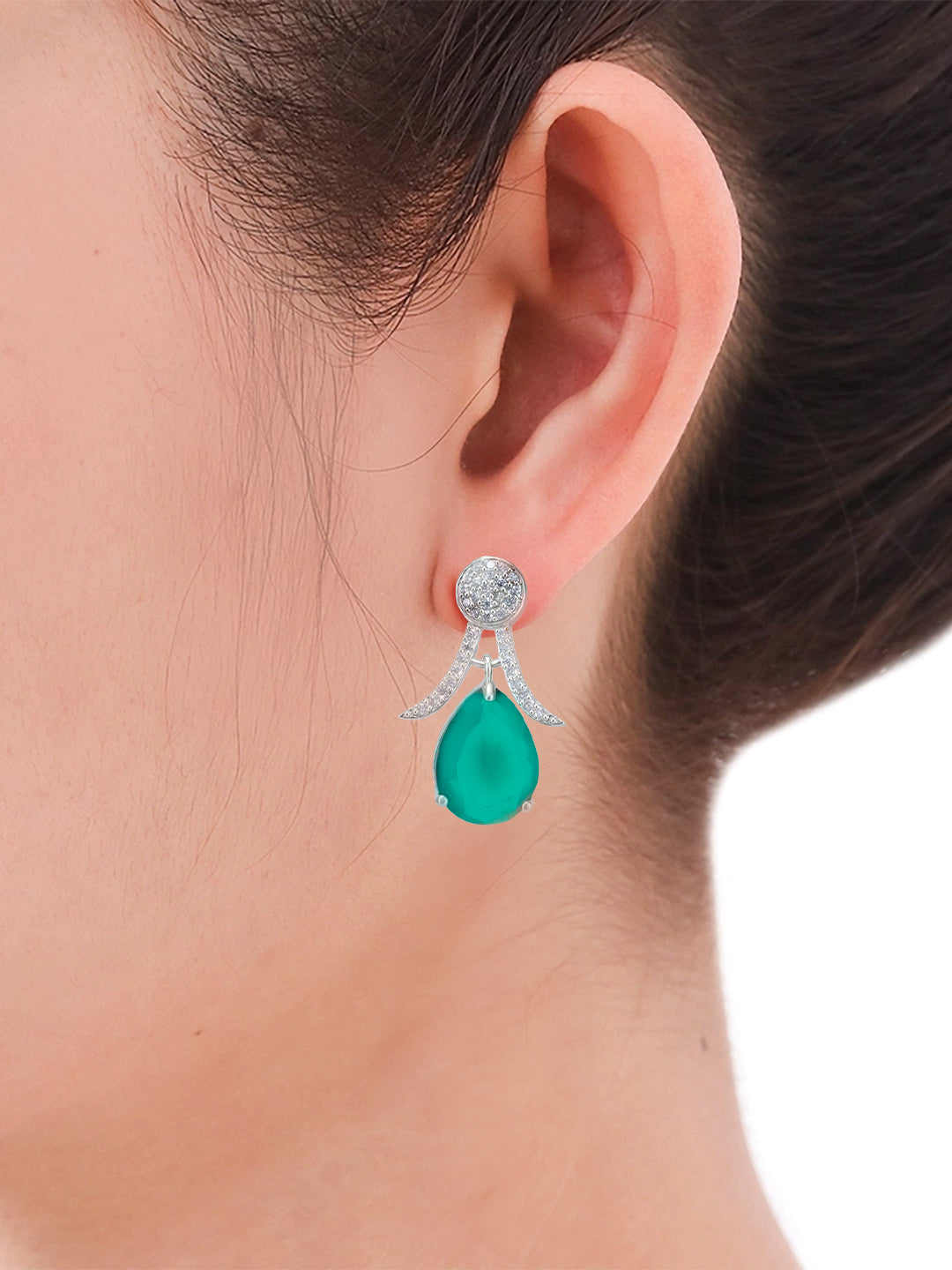 Rhodium Plated American Diamond Studded Mint Green Earrings