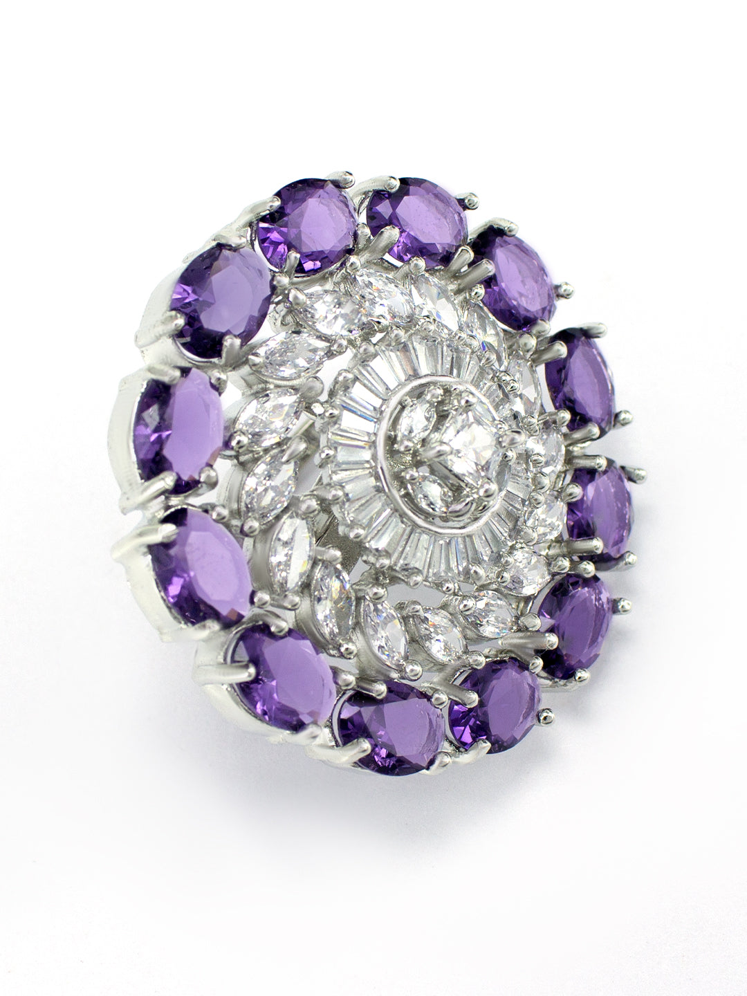 Rhodium-Plated Purple American Diamond Floral Adjustable Finger Ring