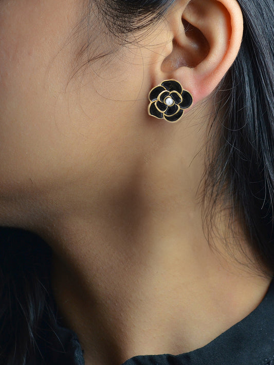 Gold-Plated Black Pearl Floral Studs Earrings