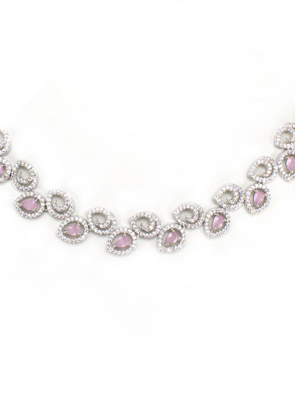 Rhodium-Plated Pink American Diamond Studded Jewellery Set