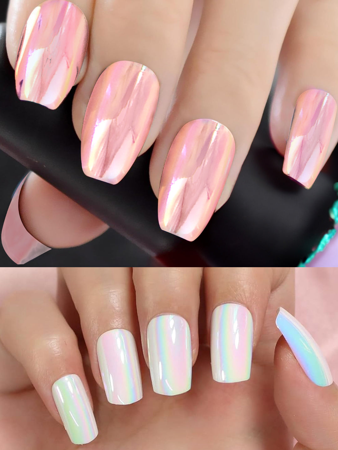 Set of 24 Peach and White Metallic Duochrome stick on nails