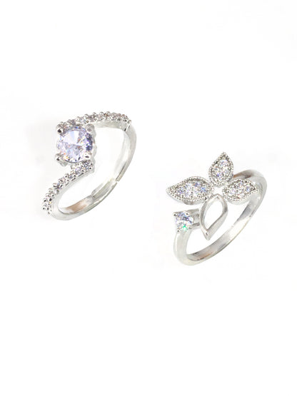 Set Of Two Rhodium Plated Solitaire American Diamond Trendy Adjustable Finger Rings