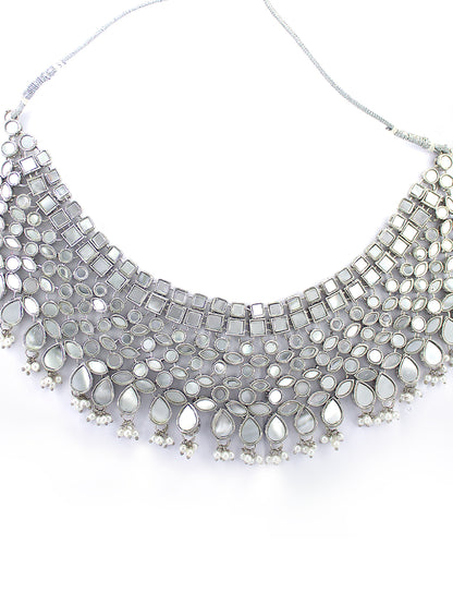 Silver-Plated Mirror-Studded & Pearls Beaded Jewellery Set With Maangtika