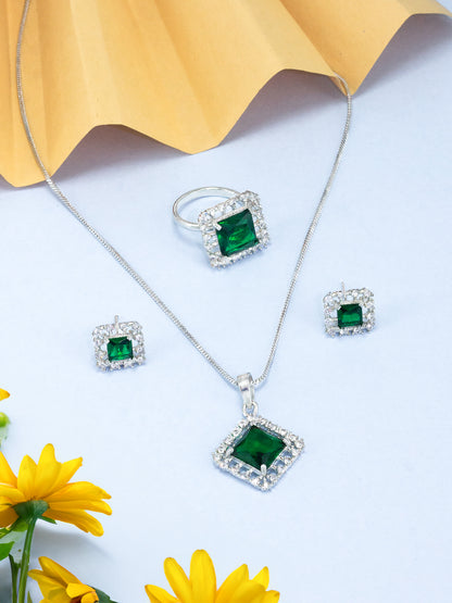 Rhodium Plated Green American Diamond Studded Pendant Set With Ring