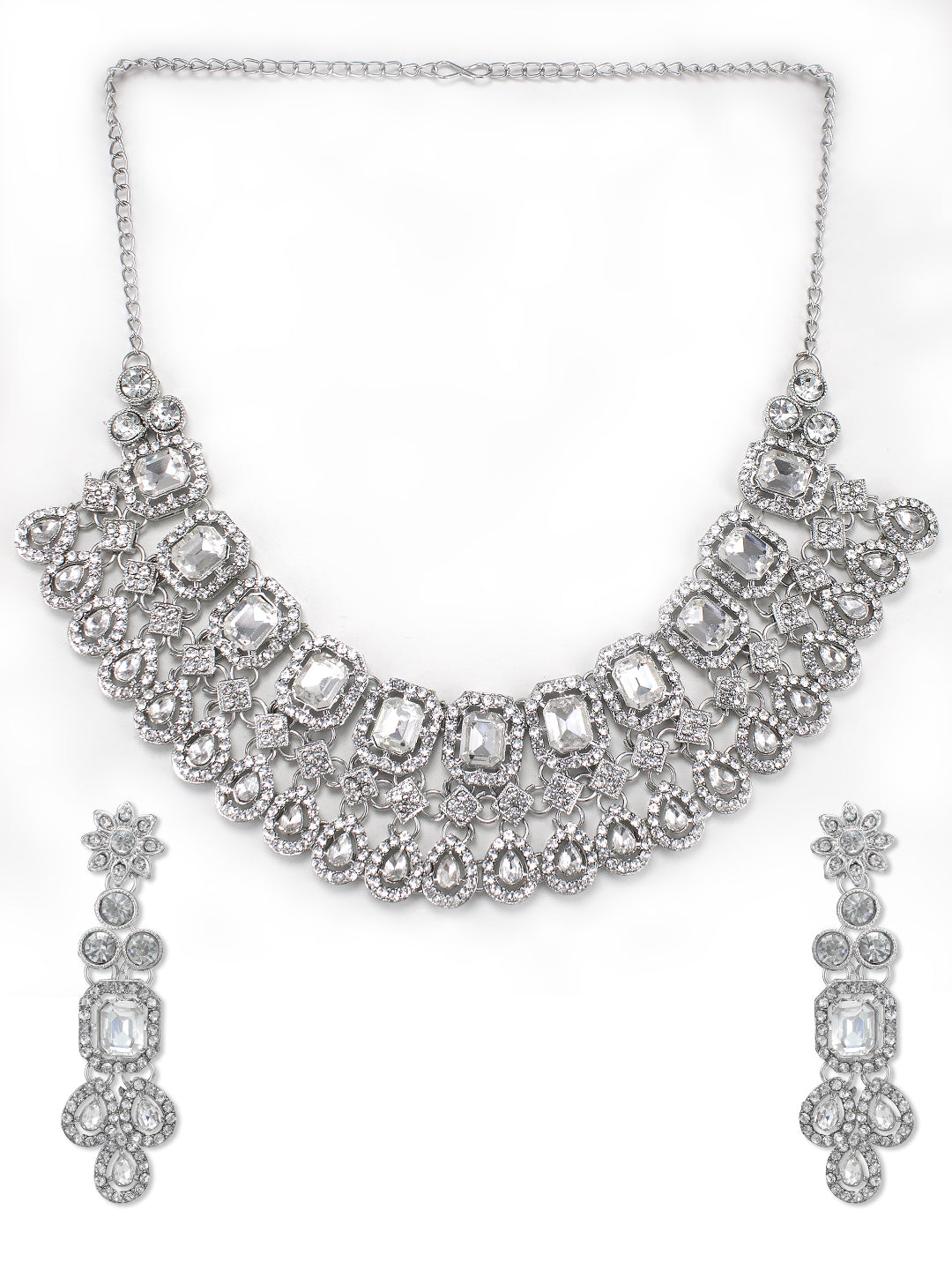 Silver-Plated Crystal-Studded Necklace And Earrings With Maang Tika