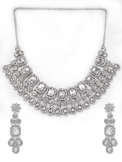 Silver-Plated Crystal-Studded Necklace And Earrings With Maang Tika