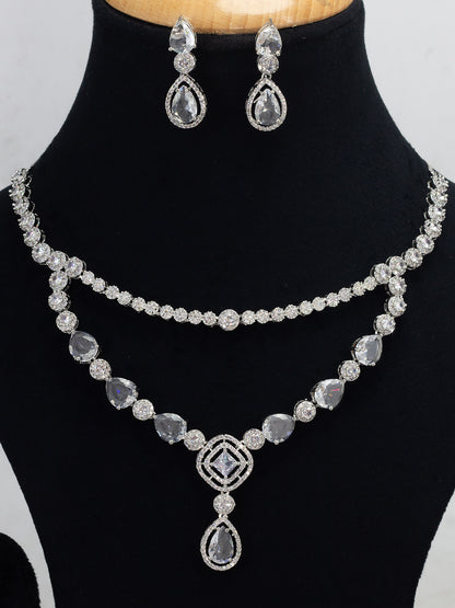 Rhodium Plated Double Layered & Teardrop AD Jewellery Set