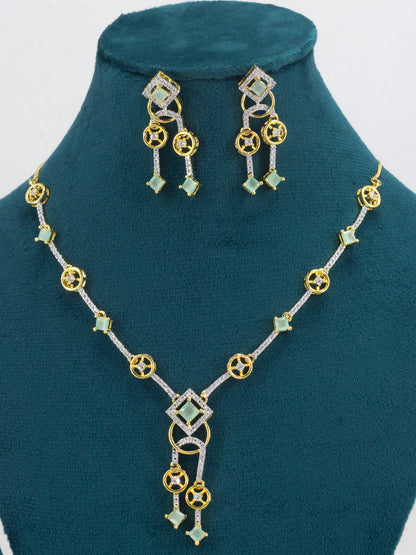 Gold Plated Lariat Mint Green American Diamond Jewellery Set