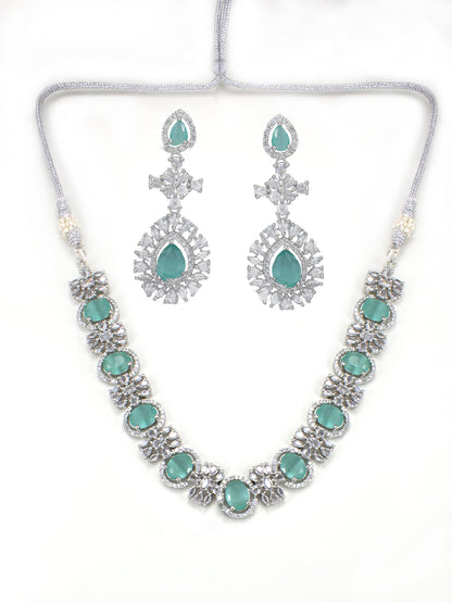 Rhodium-Plated Green American Diamond Studded Jewellery Set