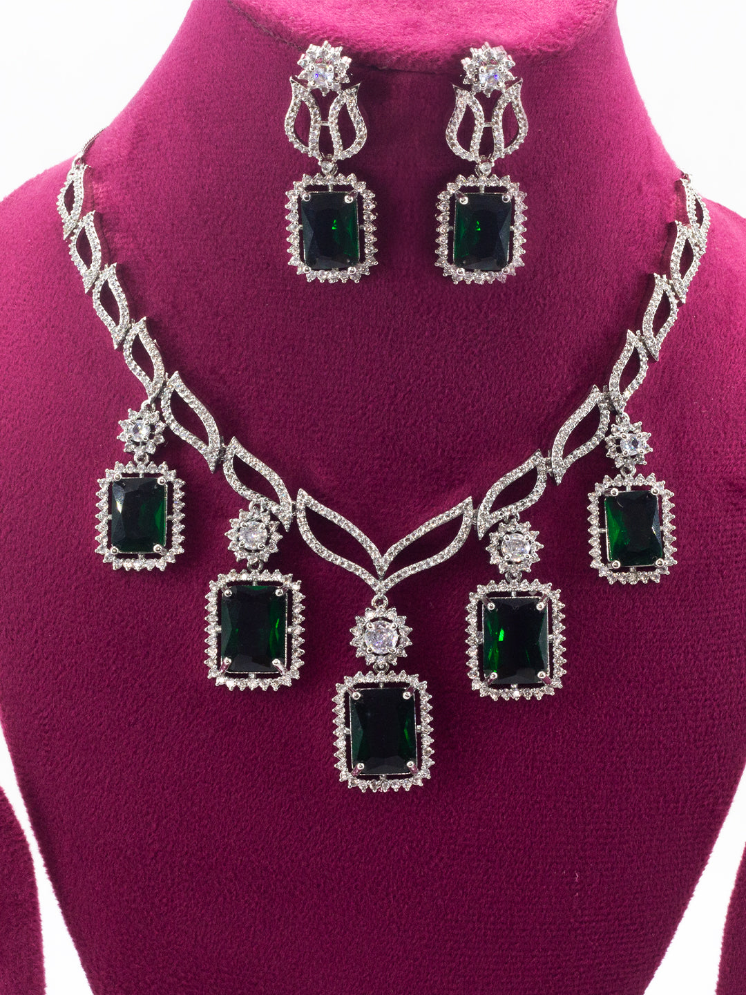 Rhodium Plated Green American Diamond Semi-Bridal Jewellery Set