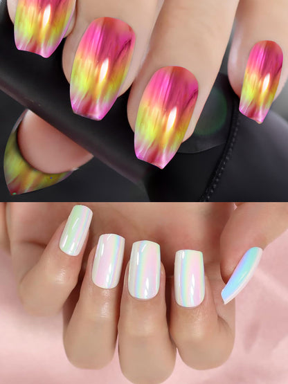 Set of 24 Pink and White Metallic Duochrome stick on nails