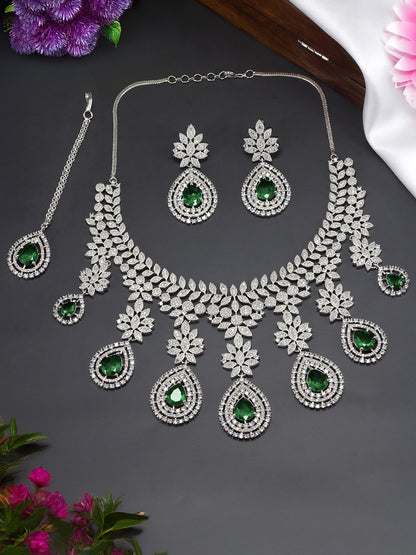 Rhodium Plated Green American Diamond Teardrop Jewellery Set