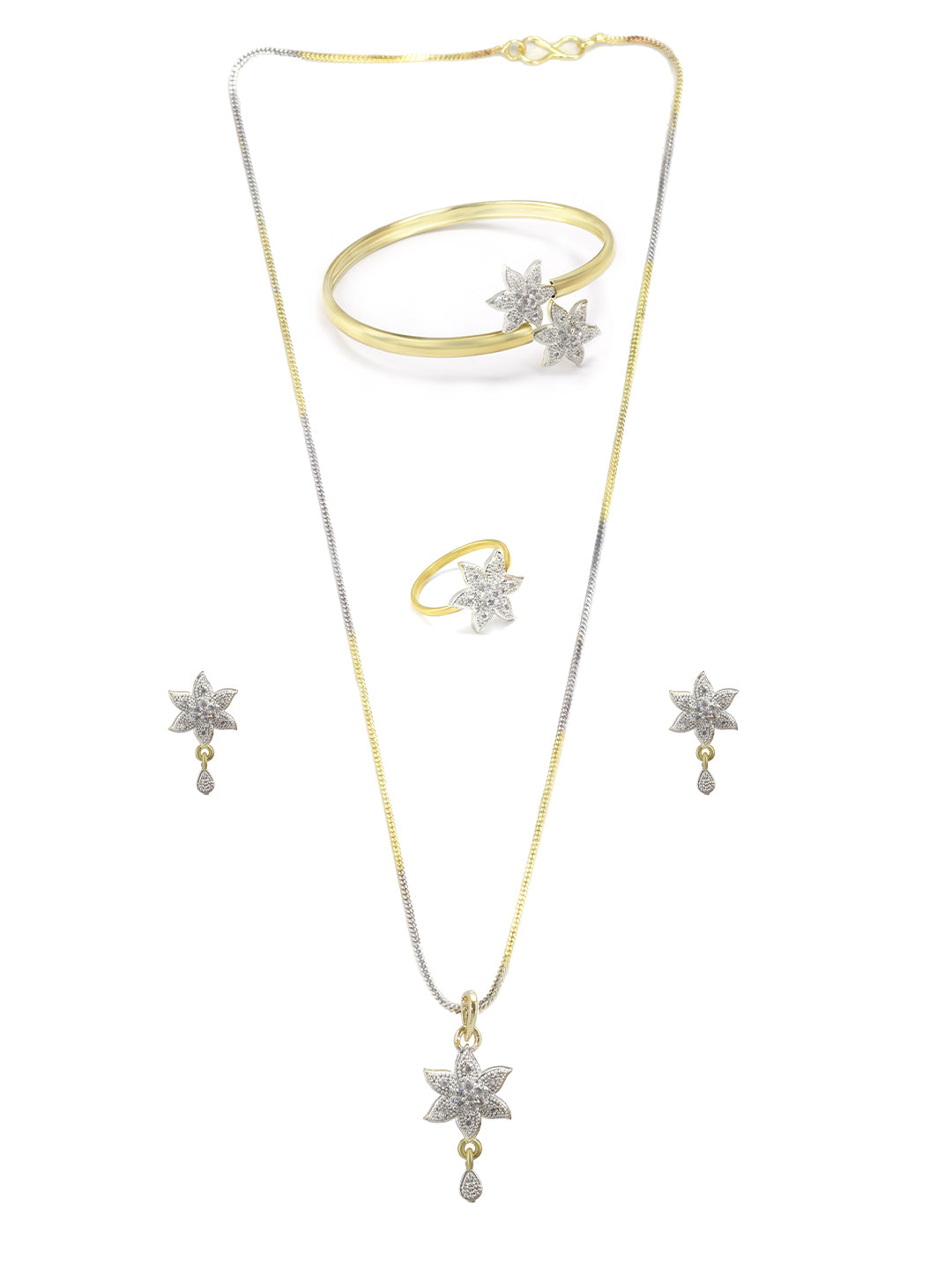 Gold-Plated Floral American Diamond-Studded Pendant Set With Adjustable Finger Ring & Bracelet