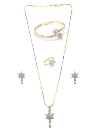 Gold-Plated Floral American Diamond-Studded Pendant Set With Adjustable Finger Ring & Bracelet