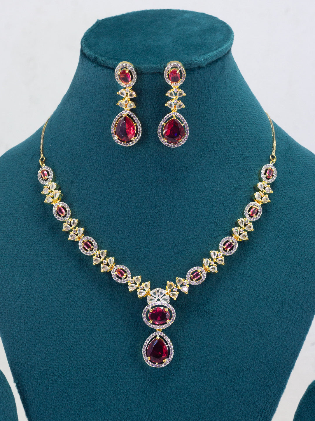 Gold Plated Red American Diamond Jewellery Set