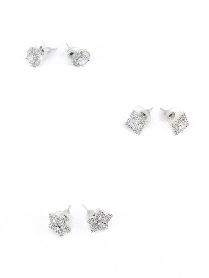 Set Of Three Rhodium Plated Geometric AD Trendy Earrings