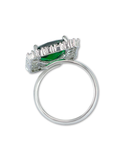 Rhodium Plated Green American Diamond Square Adjustable Finger Ring