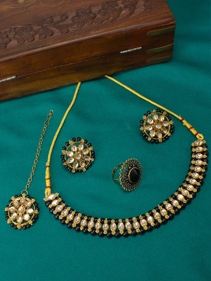 Gold-Plated Black Stone Studded & Beaded Jewellery Set With Maangtika & Adjustable Finger Ring