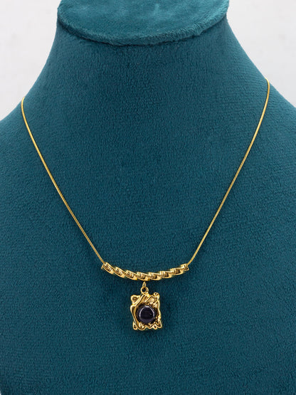 Stainless Steel Black Stone Chain Necklace | Gold Plated Black Stone Studded Pendant Style Chain Necklace