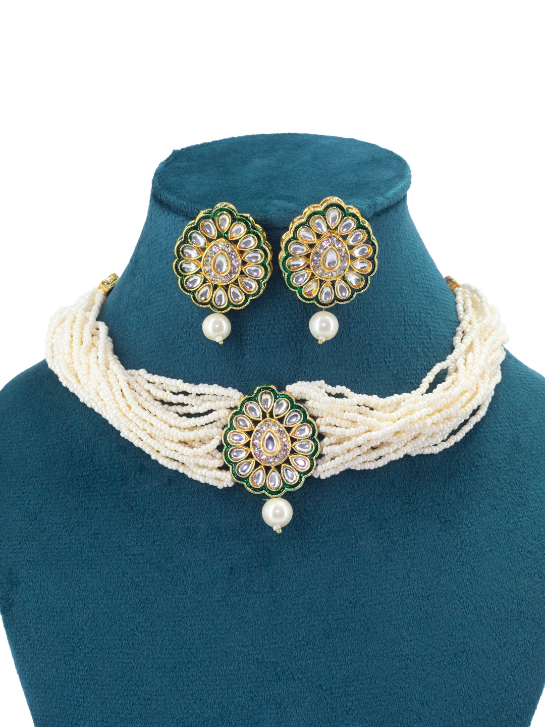 Gold Plated Kundan & Beaded Multi Strand Choker Jewellery Set