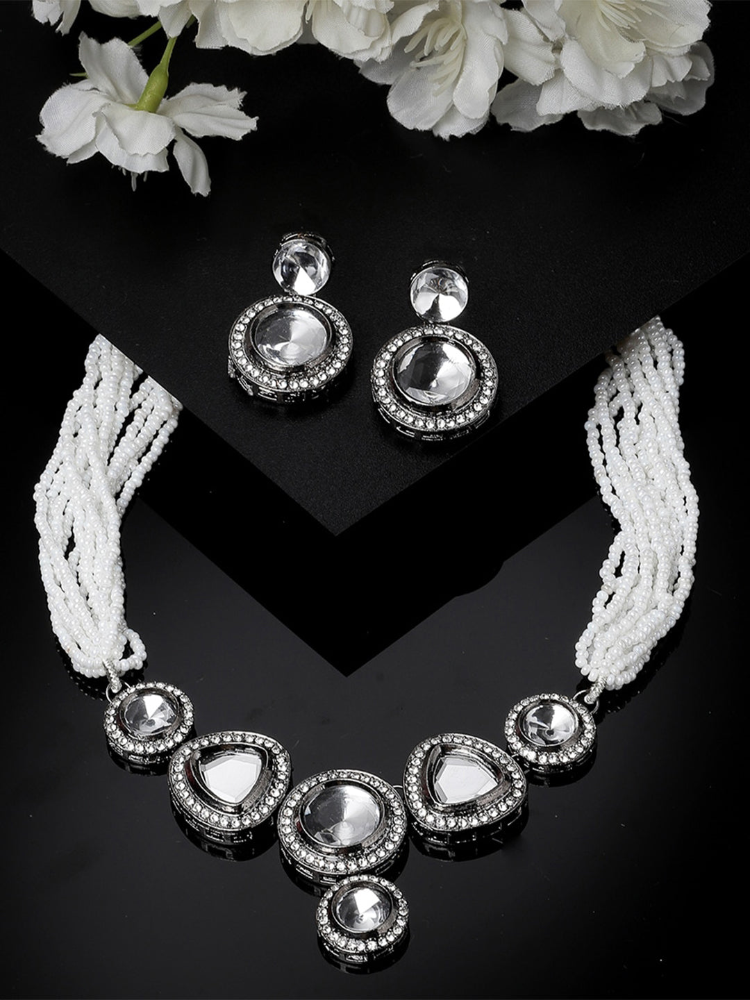 Silver-Plated CZ Stone Studded & Beaded Oxidised Jewellery Set