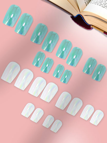 Set of 24 Sea Green and White Metallic Duochrome stick on nails