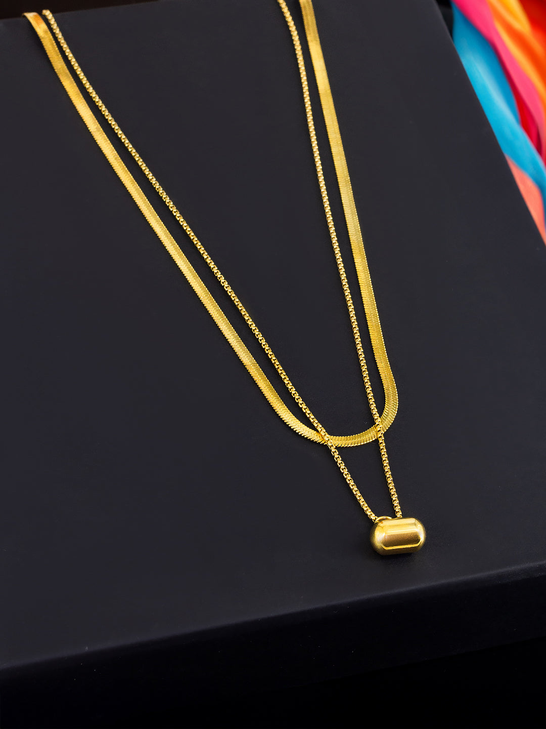 Double Layered Snake Chain Necklace | Trendy Stainless Steel Pendant Style Flat Chains Necklace