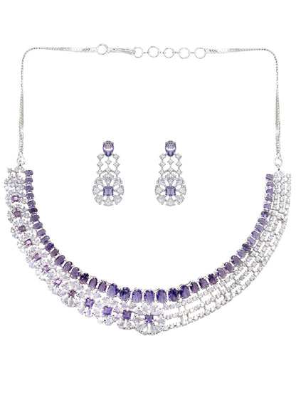 Rhodium Plated Purple Floral AD Statement Jewellery Set