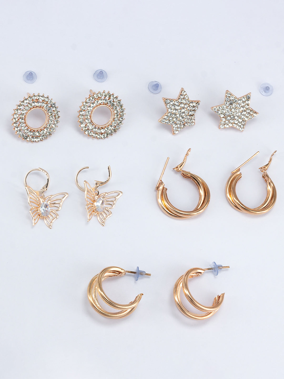 Set of 5 Rose Gold Hoops & Studs Earrings